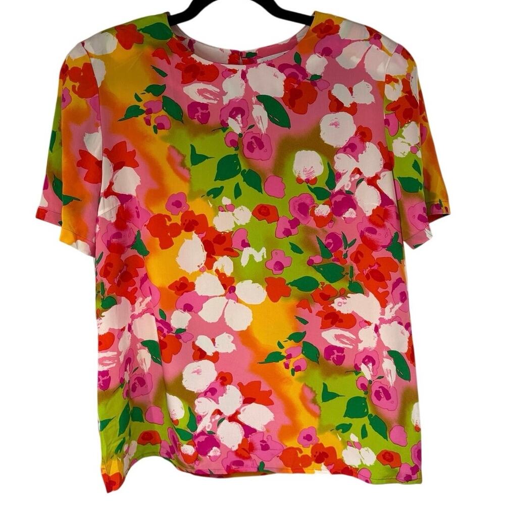 Diane Von Furstenberg Bright Colorful 100% Silk Tropical Short Sleeve Shirt XL